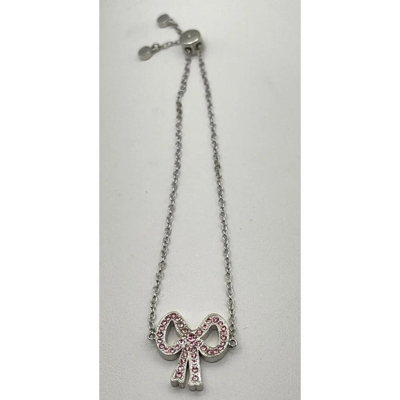 Coach Pink Pave Crystal Bow Pendant Silver-Tone Logo Adjustable Slider Bracelet - Picture 6 of 6